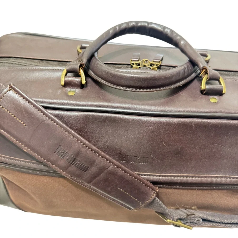 Hartmann‎ Vintage Suitcase Duffle Brown Luxe Collection Leather Canvas Plaid